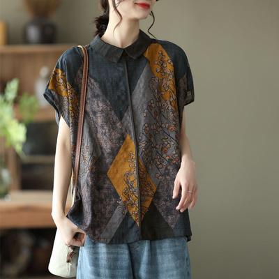 Женская винтажная этническая блузка свободного покроя из хлопка, летняя модная рубашка с воротником-поло и коротким рукавом, повседневные простые топы, блузы, Ropa