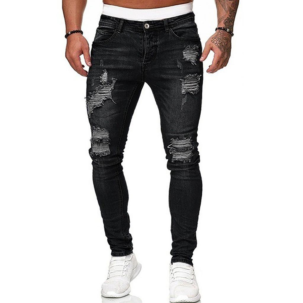 Men Jeans Solid Color Ripped Holes Frayed Gradient Washed Trousers