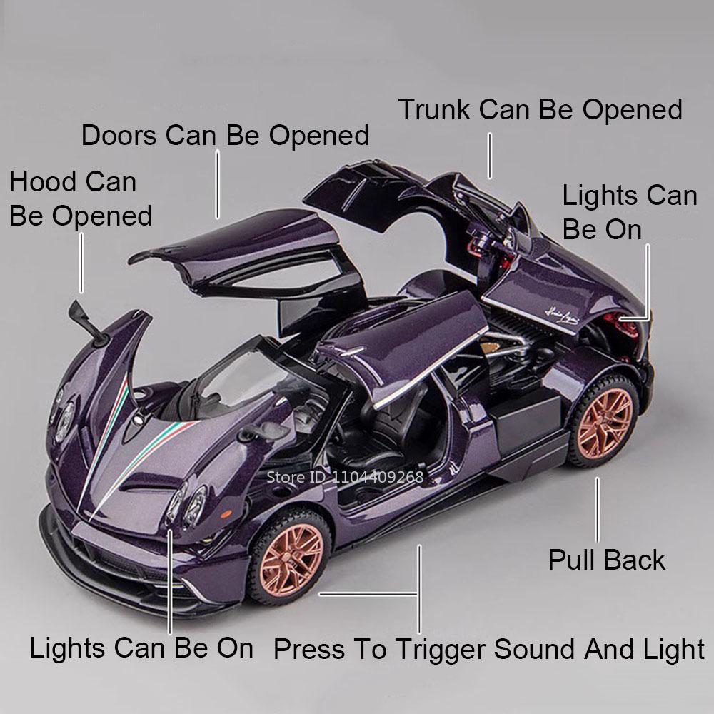 1:Масштаб 1:32 Pagani Dinastia Huayra BC Модель автомобиля Игрушка Звук Свет Двери типа «крыло чайки» Сплав Литье под давлением Модели суперкаров Подарки для мальчиков Детей