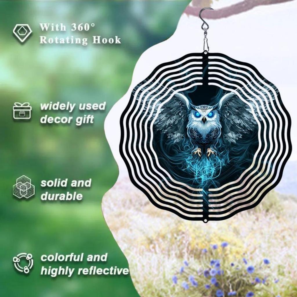 3D Hanging Garden Wind Chime Metal Wind Spinner with Ice Blue Phantom Owl Pattern for Outdoor Yard Decoration No Power Required