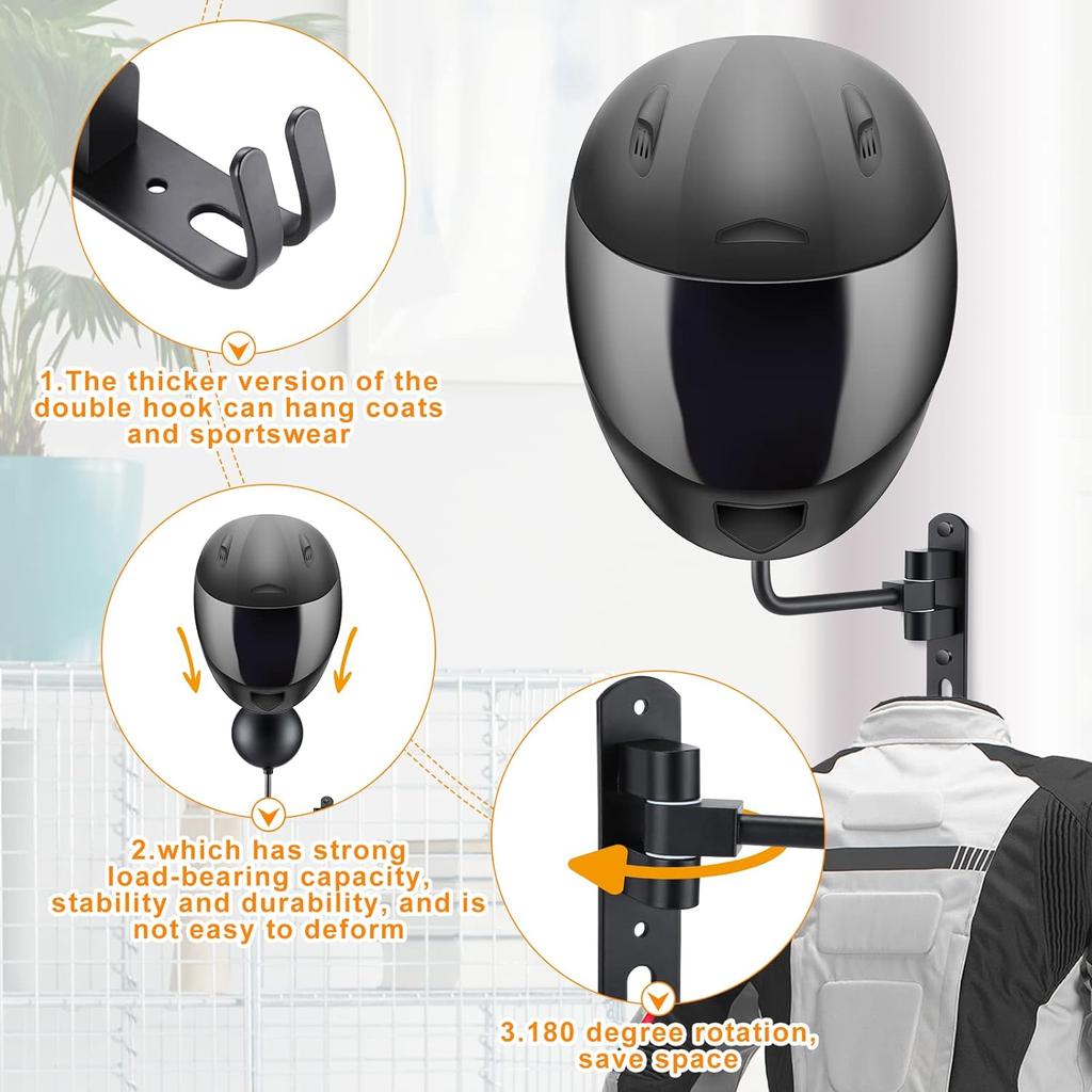 Motorcycle Helmet Holder Wall Mount 180° Rotation Helmet Hanger Helmet Stand Rack Storage Hook for Motorcycle Bike Helmets