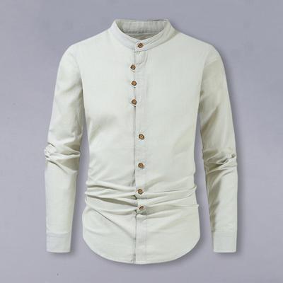 Мужская льняная рубашка, повседневная, с длинным рукавом, на пуговицах, однотонная, мужская, пляжная, с воротником-стойкой, летняя рубашка