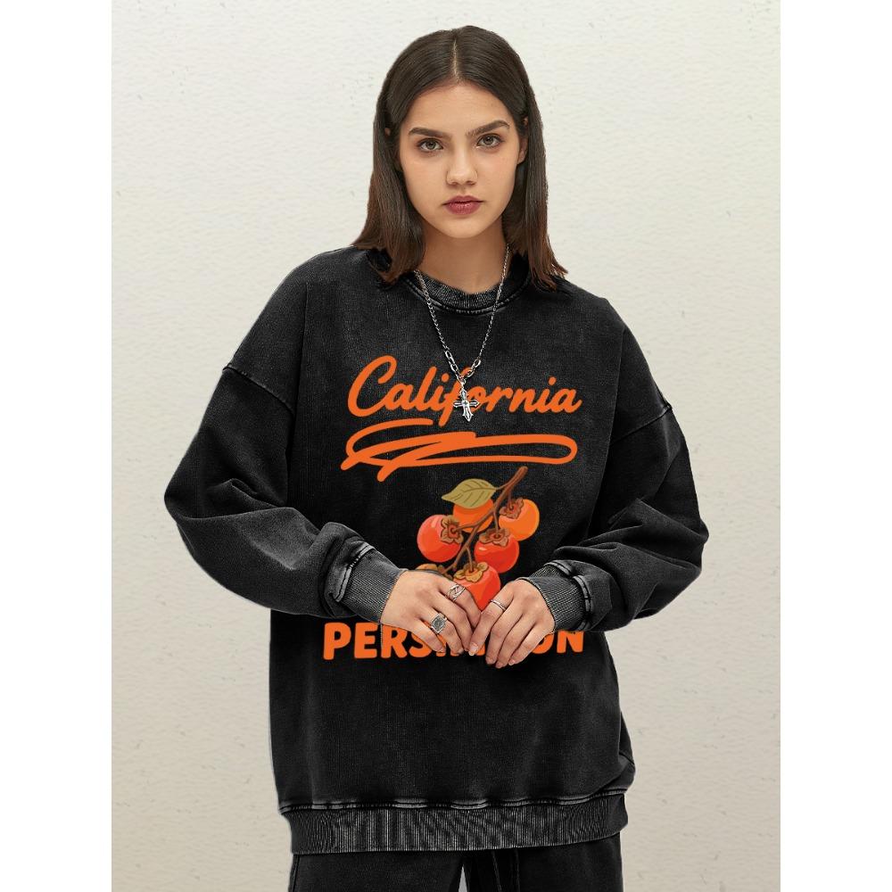Калифорнийская хурма Фруктовое искусство Принт в виде письма Женские пуловеры Свободная хлопковая выстиранная толстовка Мягкий топ с круглым вырезом Осень