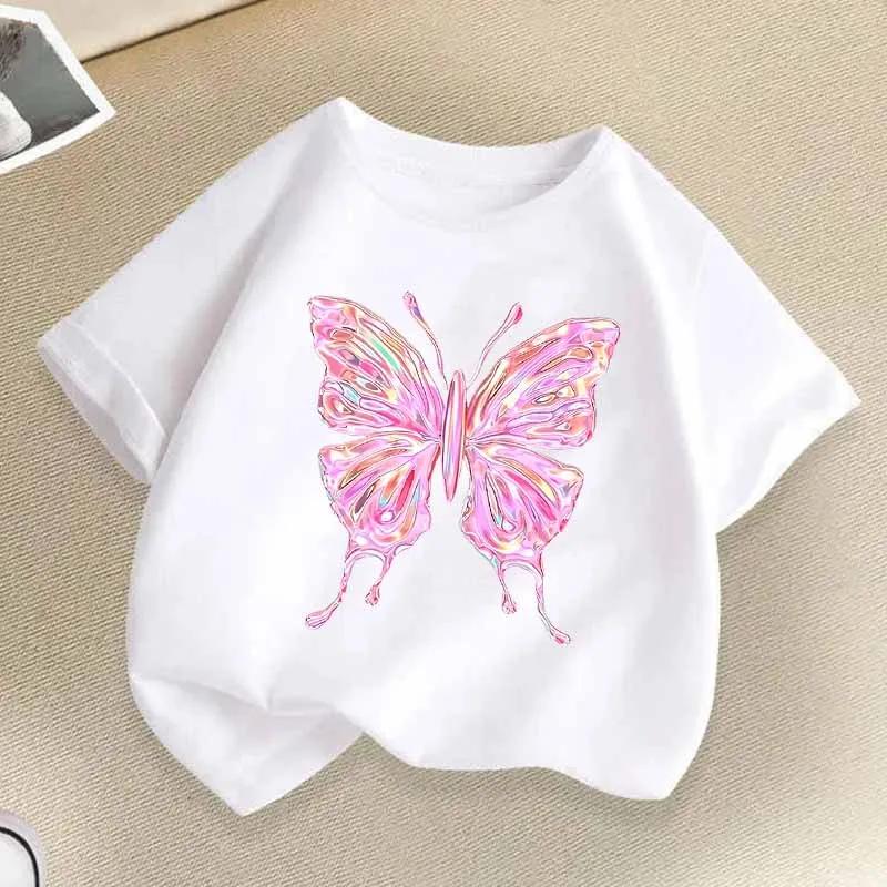 Beautiful Butterfly Print T Shirts For Girls Summer Children Casual Cute Colorful Tops Kids Comfortable Oneck Short Sleeve Tees