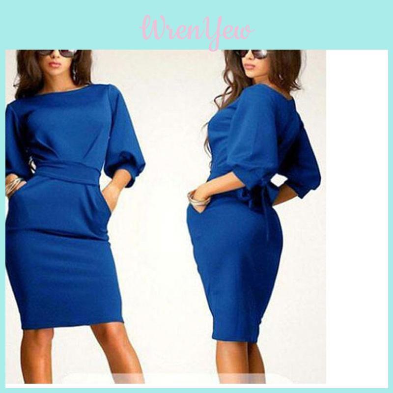 Элегантное Женское Модное Сексуальное Платье-Коктейль Bodycon с Пятым Рукавом, Круглым Вырезом и Карманом