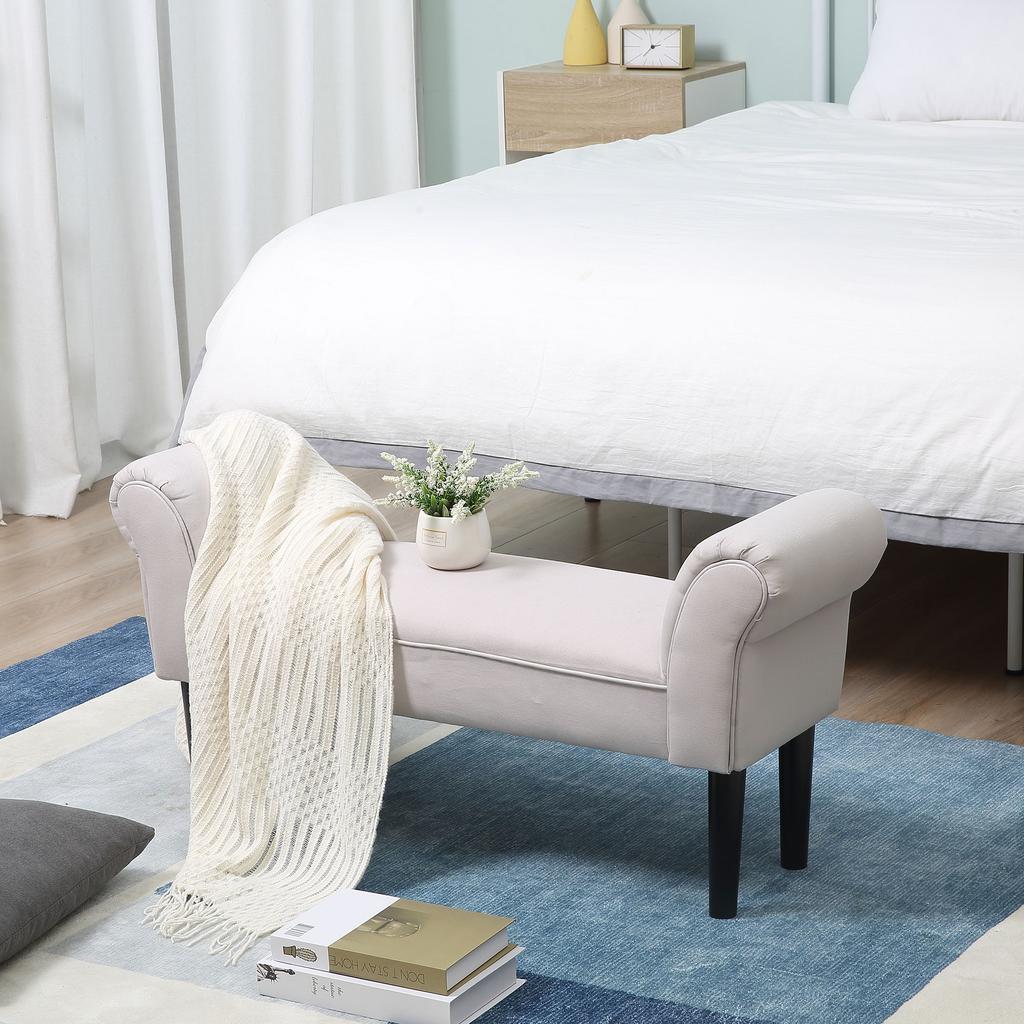 Bench Upholstered Bench with Sailcloth Fabric, Armrest Hallway Bench with Wooden Frame, Shoe Bench for Bedroom, Living Room