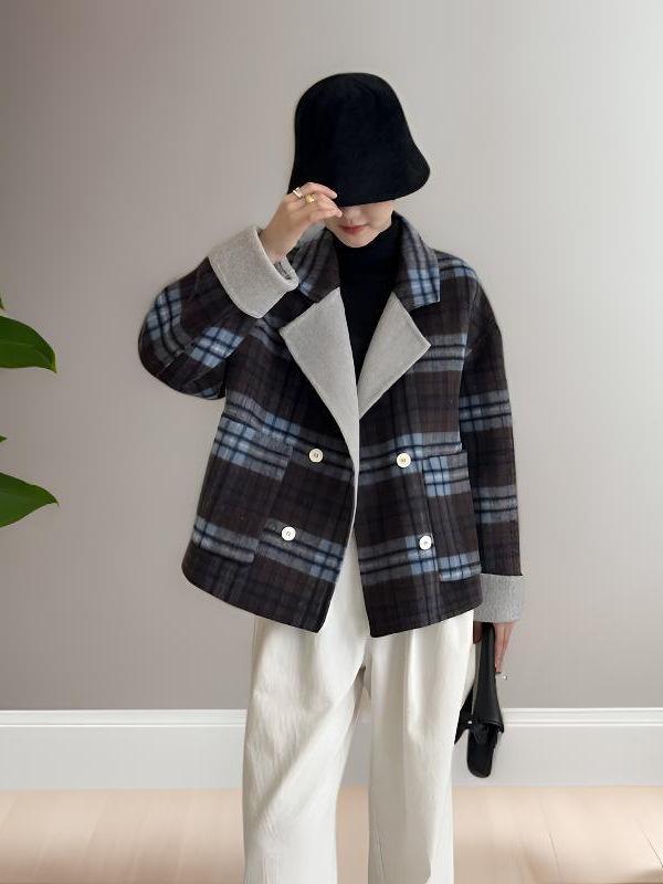 Empress Dowager Cixi Women's Double-Sided Cashmere Scarf Coat - Plaid Wool Outerwear for Autumn/Winter