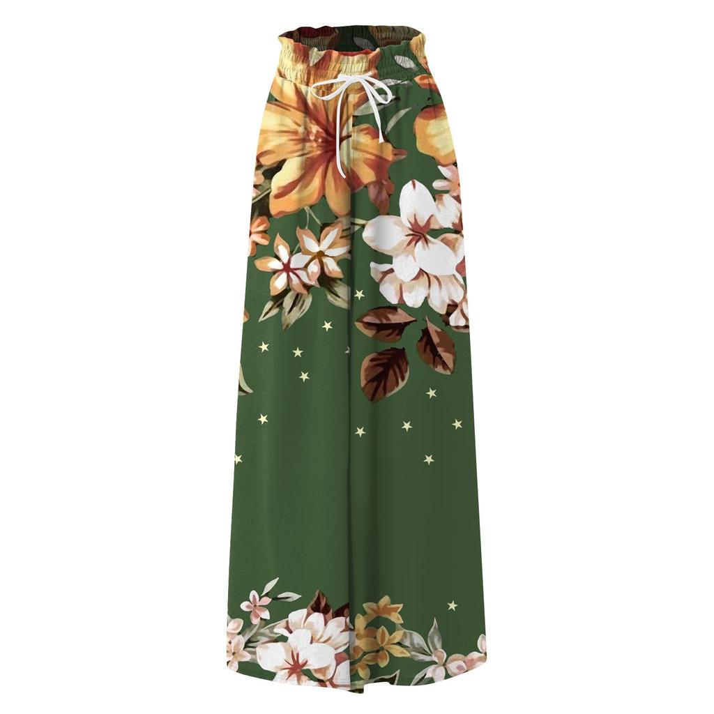 Женские широкие брюки с высокой талией, летние повседневные струящиеся брюки-палаццо, пляжные брюки с цветочным принтом и карманом