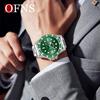 Мужские часы OFNS Green Water Ghost Quartz с бриллиантовыми акцентами, черным циферблатом, календарем и водонепроницаемым стальным браслетом.