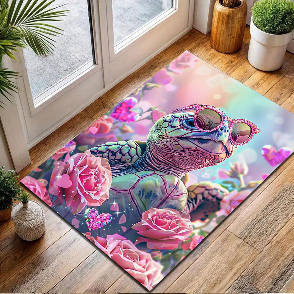 Cool Turtle with Sunglasses and Roses Patterned carpet, non slip mat suitable for living room and bedroom sofas