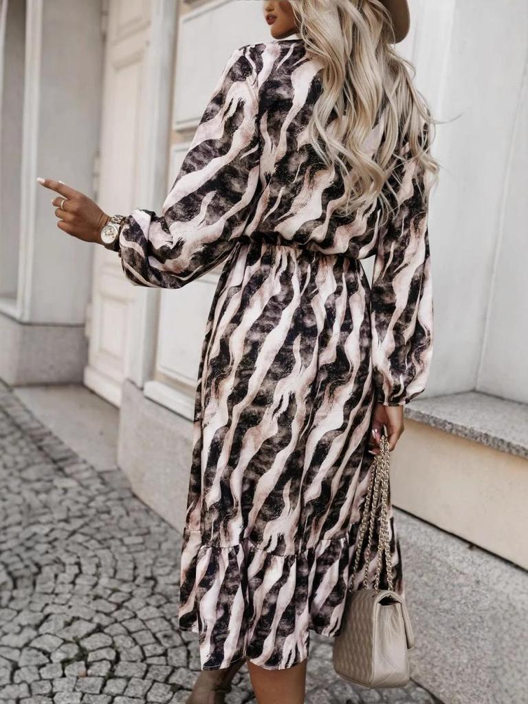European and American Fashion Zebra Print Long Sleeve Dress with Bow Waist