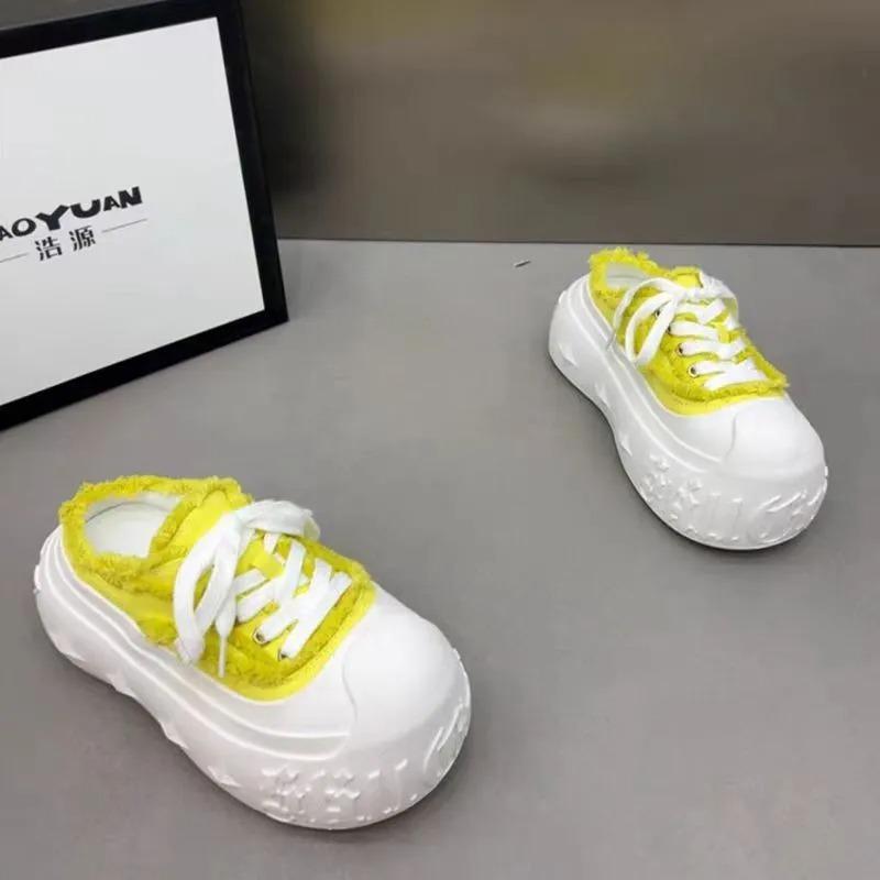 Повседневная парусиновая спортивная обувь Женские шлепанцы на толстой подошве и высоком каблуке для улицы Резиновая подошва Корейский стиль Плоские сандалии