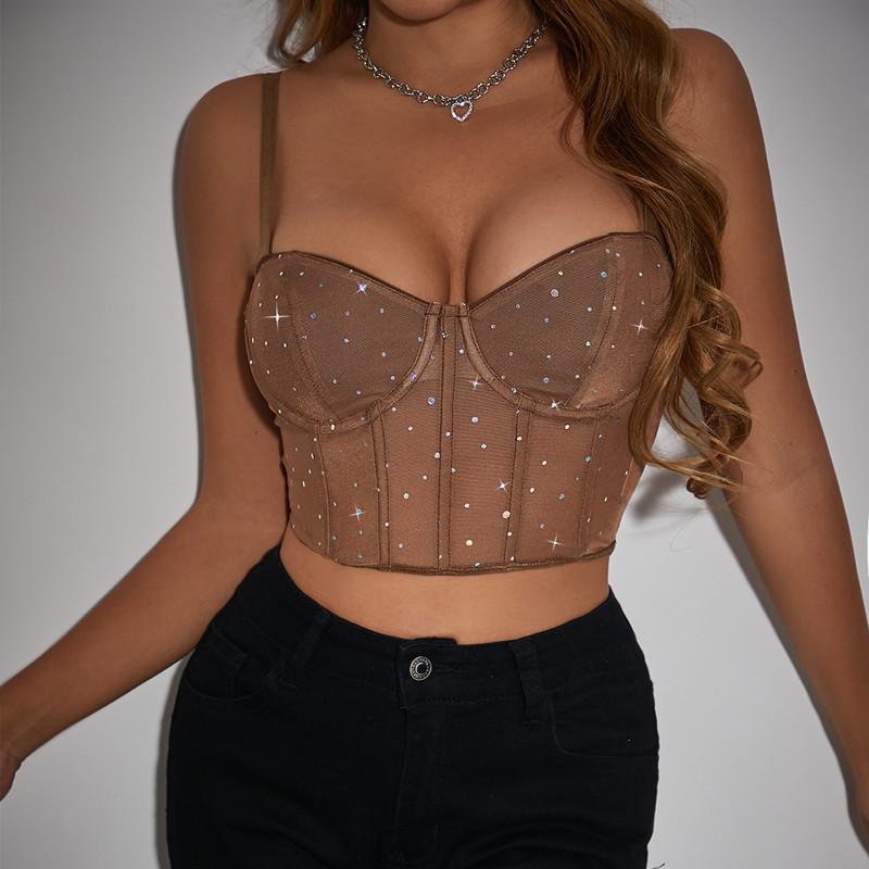 Модные сексуальные топы в стиле ночного клуба с блестками и стальным кольцом из рыбьей кости, прозрачные топы для пупка, пикантные топы на бретелях для девочек