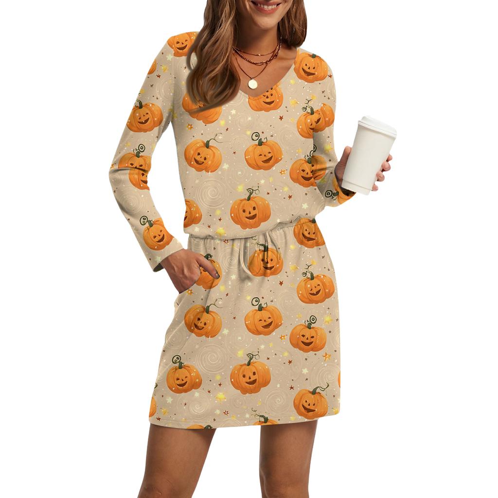 Women's Fashionable V-neck Long Sleeved Drawstring With Pocket Halloween Printed Casual Dress