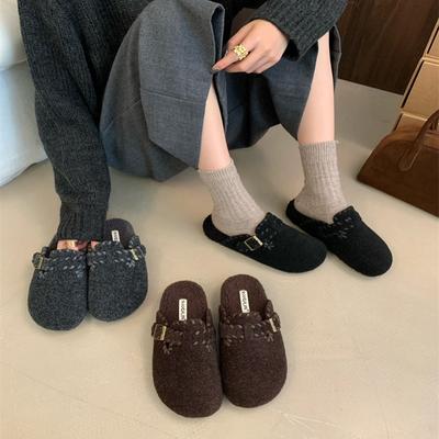 2025 осень новые французские полушлепанцы с круглым носком и плоской подошвой женская обувь универсальная модная сумка на голову шлепанцы женская обувь