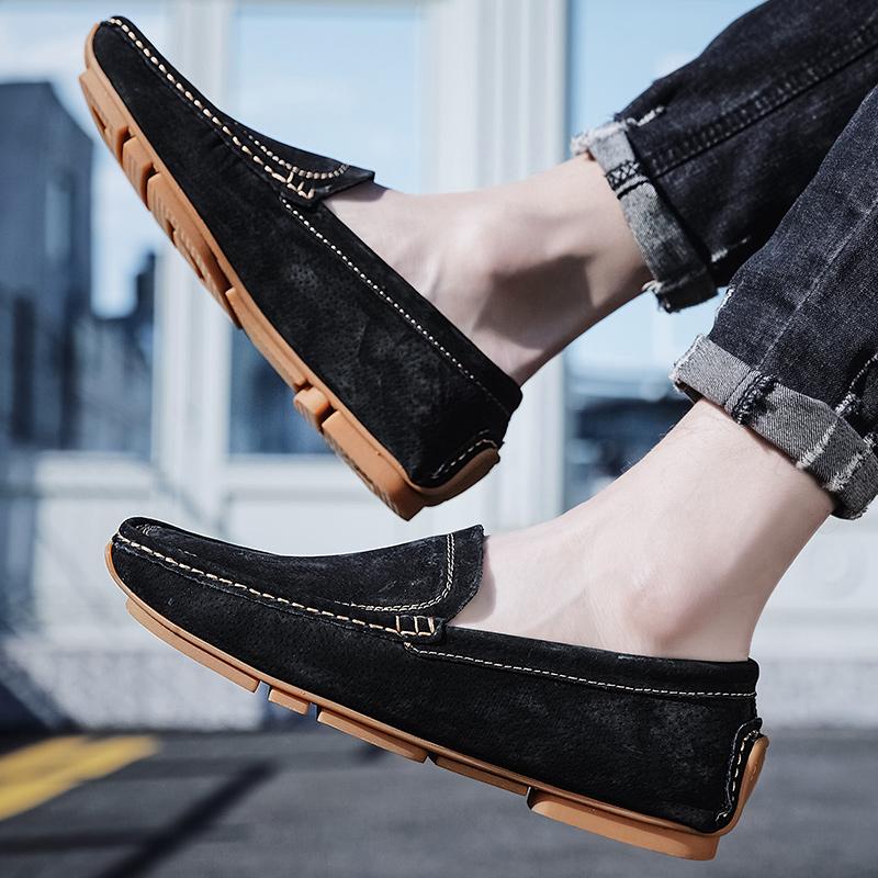 Fashion New Men Casual Shoes Fashion Summer Mens Shoes Suede Leather Mens Loafers Moccasins Brand Slip On Male Flat Driving Shoes Brown