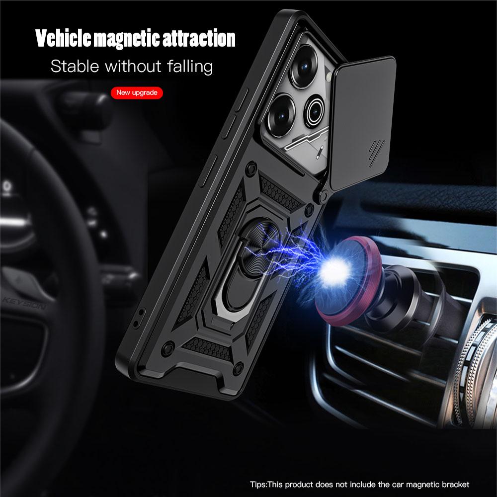 KEYSION Shockproof Armor Case for TECNO Pova 6 Pro 5G Slide Camera Lens Protection Metal Ring Stand Phone Cover for POVA 6 Neo