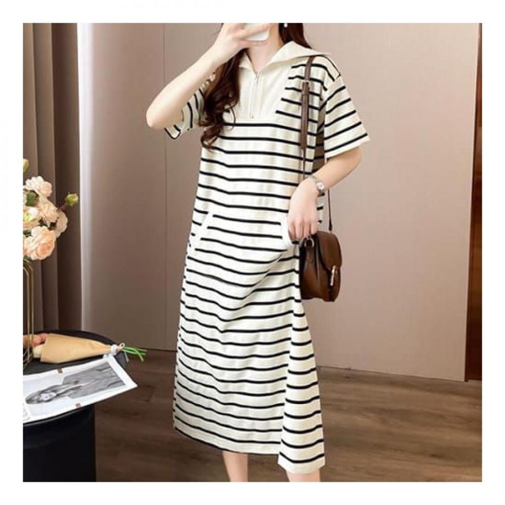 Navava Women No780 Stripe Zip Collar Short Sleeve Dress