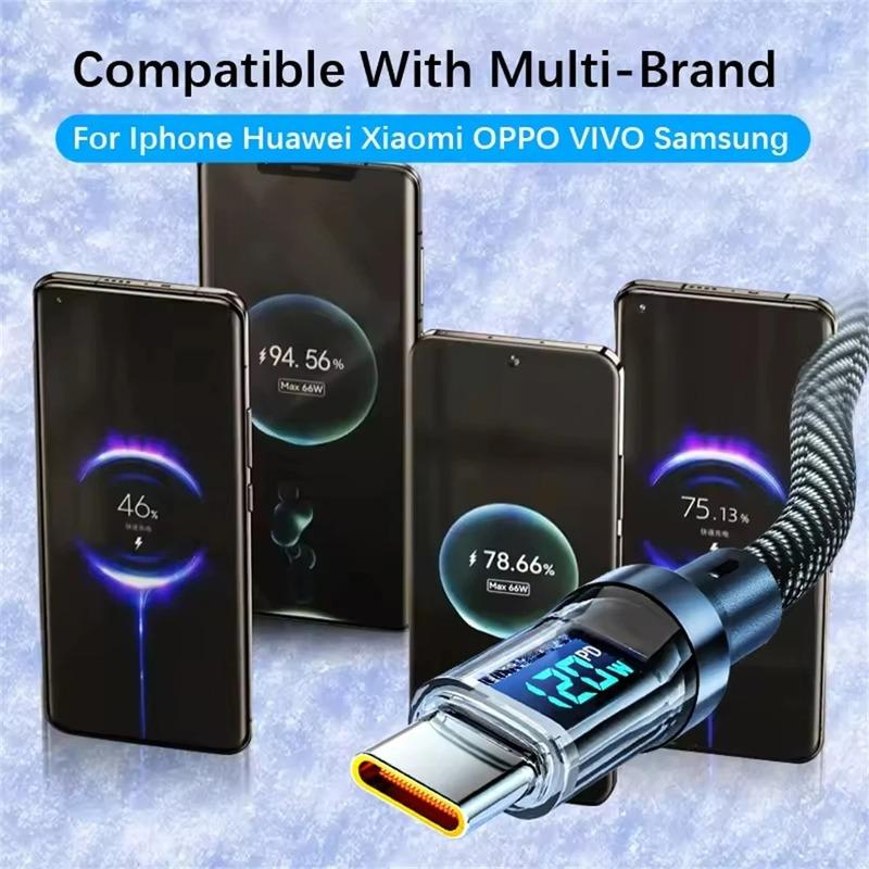120 Вт USB на Type C Кабель для передачи данных Светодиодный дисплей 100 Вт Двойной USB C Быстрая зарядка Кабель для передачи данных 1/1,5/2 м Портативный PD Быстрая зарядка Линия Для дома