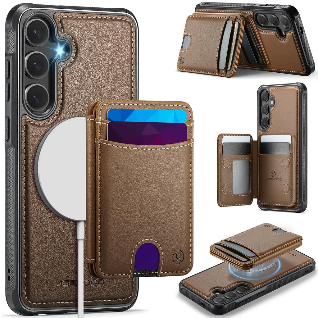 For Samsung Galaxy S25 Magnetic Case JEEHOOD J10 Leather Back Phone Cover with Detachable Card Holder Kickstand