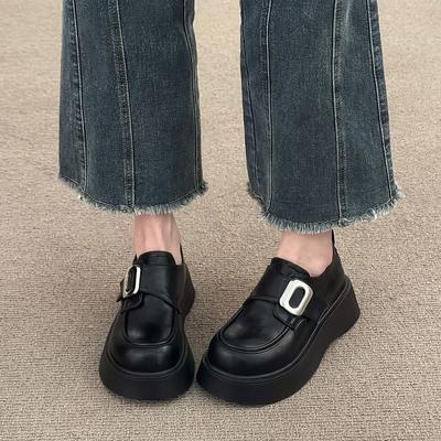 Платформенные маленькие кожаные туфли женские туфли весна 2025 новые британские универсальные туфли-лоферы ретро коричневые с пряжкой туфли