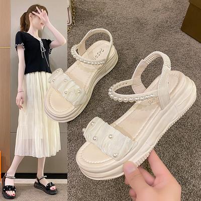 Римские сандалии на толстой подошве женские летние новые фея ветер жемчужные с открытым носком на плоской подошве ins tide повседневная пляжная обувь