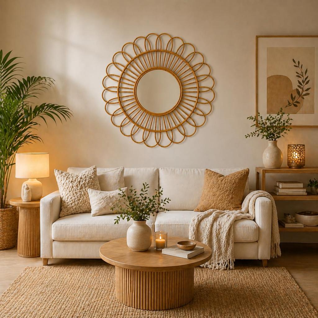Eco Decx Rattan Flower Wall Mirror, Handwoven Boho Decorative Hanging Mirror for Bedroom & Living Room Decor, 60 x 2 x 55 cm