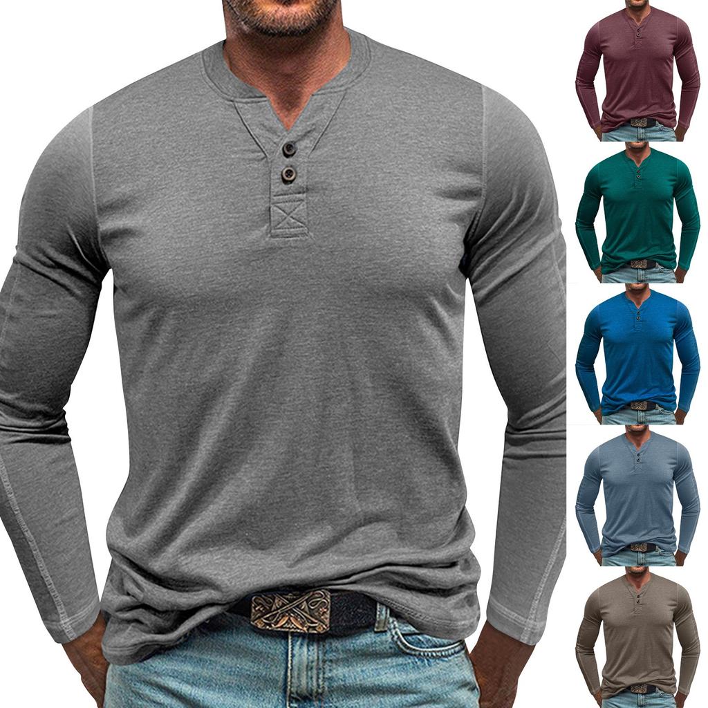 Men's Round Neck Long Sleeved Button Down Shirt Base Men's T-shirt