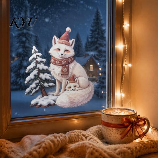 Winter Atmosphere Sticker Christmas Fox Window Clings, Forest Animal Double-Side Sticker, Cute Graphics Reusable Static Glass Decals for Holiday