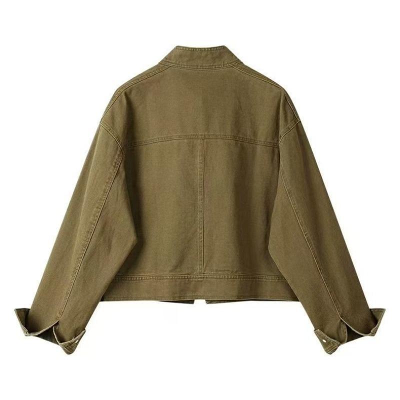 Женская винтажная короткая свободная куртка с воротником-стойкой, весна-осень, кофейного цвета, верхняя одежда, модный деним