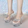 Rhinestone Sexy High Heel 15CM Thin Heel Waterproof Table Slippers Transparent Crystal Shoes Wedding Shoes Banquet High Heel