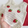 Summer Casual Kids Strawberry Embroidery Set Viscose Knitted Hollow Out Sleeveless Top & Cotton Polyester Straight Leg Shorts