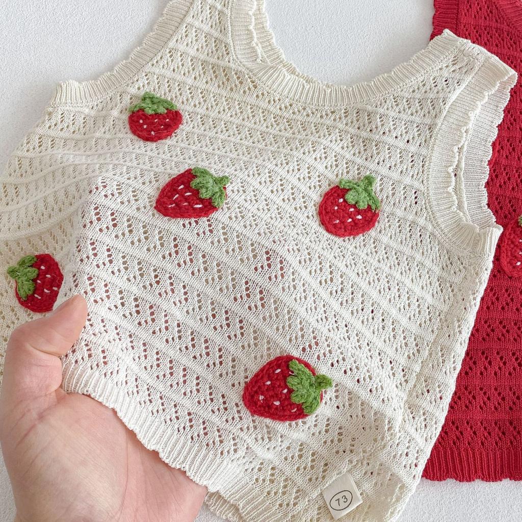 Summer Casual Kids Strawberry Embroidery Set Viscose Knitted Hollow Out Sleeveless Top & Cotton Polyester Straight Leg Shorts