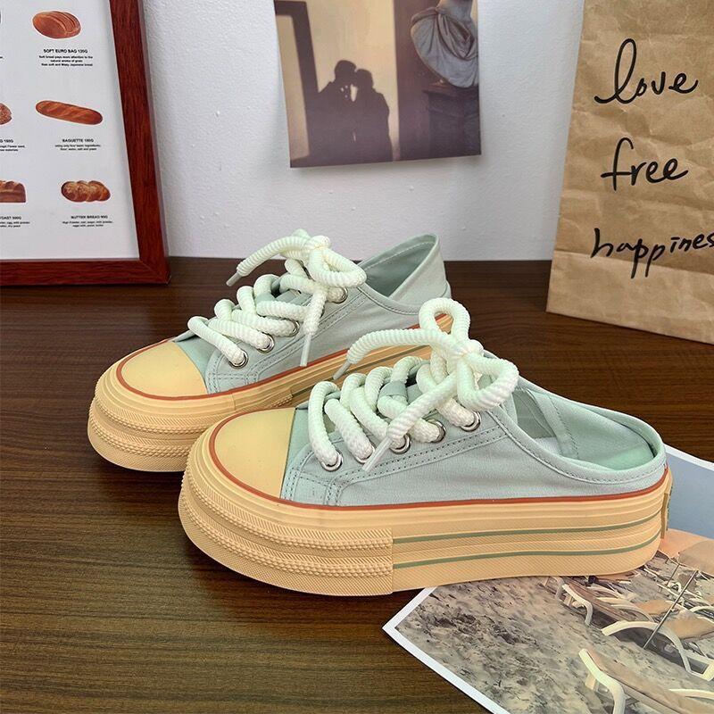 Кремово-белые туфли на платформе с двумя носками из парусины, женские, новые осенние туфли 2024 года, дышащие, полудышащие, с одной педалью, белые туфли