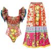 New Swimsuits Woman 2024 Sexy Swimwear Shoulder Ruffle Swimsuit With Beach Dress V Neck Printed Kimono Biquini Bathsuit Bodysuit