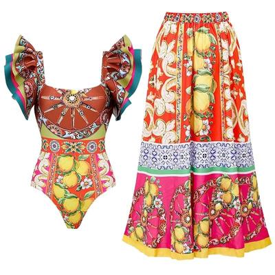 Новые женские купальники 2024, сексуальный купальник с рюшами на плечах, пляжное платье с v-образным вырезом и принтом, кимоно, бикини, купальный костюм, боди