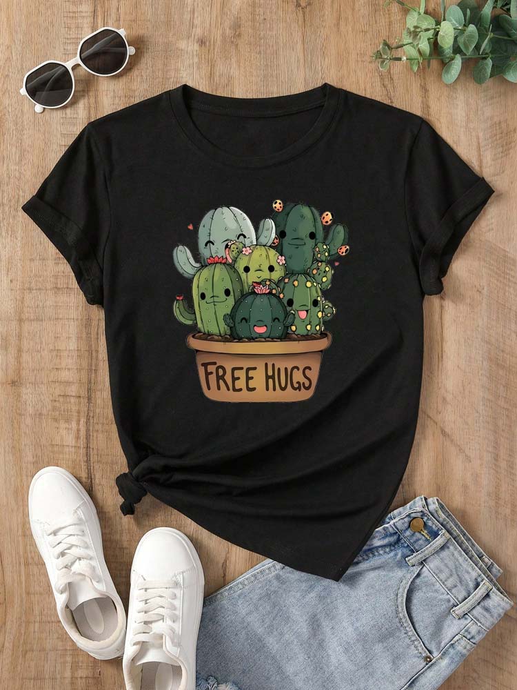 Cartoon Cactus Print T Shirt for Women Clothing Casual Short Sleeves T-shirt Fashion Streetwear Crew Neck Female Shirts