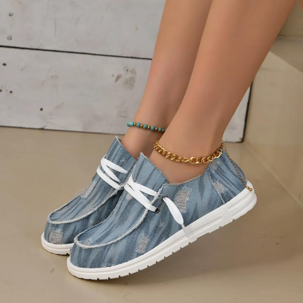 Модные простые джинсовые туфли на плоской подошве для женщин 2024 года в европейском и американском стиле, легкие удобные парусиновые туфли для прогулок на открытом воздухе, повседневная обувь