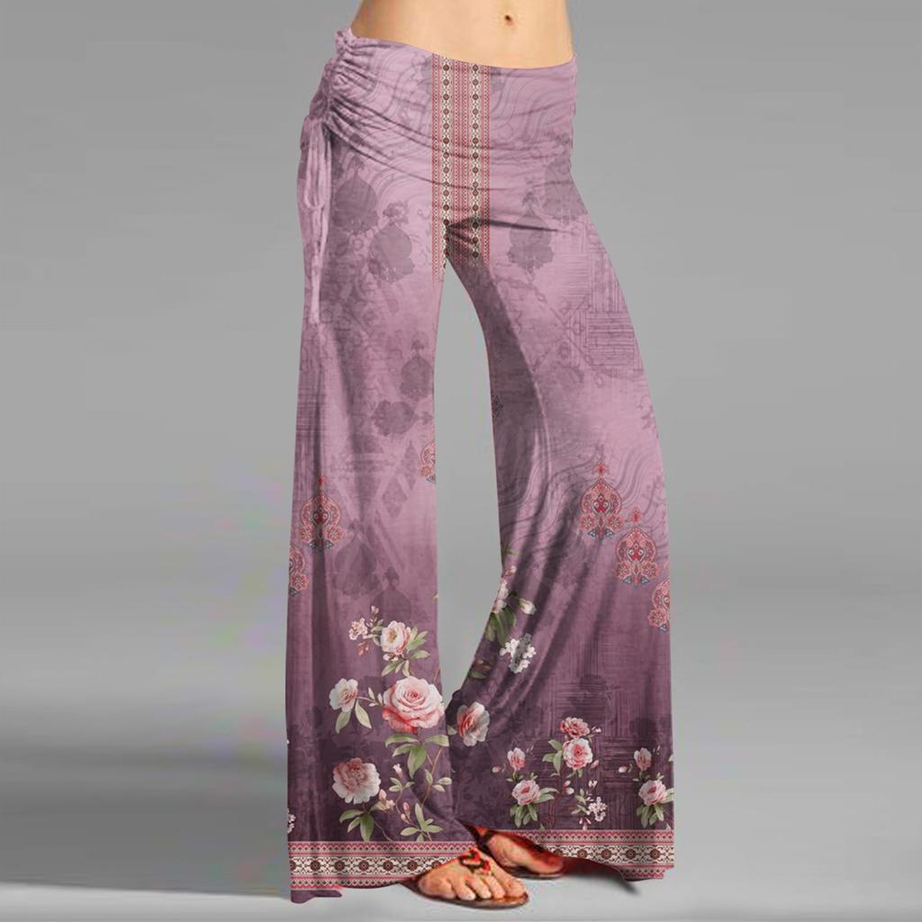 Women's Fashion Vintage Print Casual Flared Drawstring Trousers Wide Leg Pants