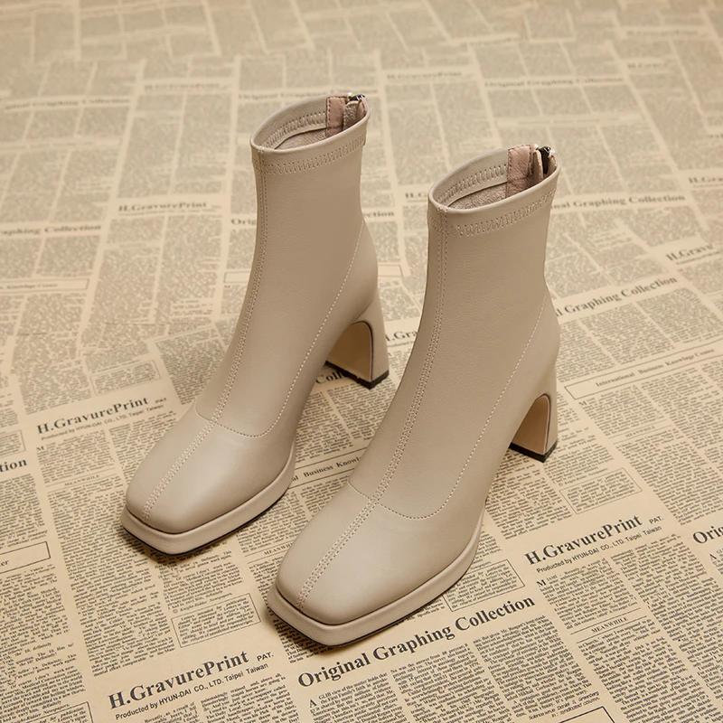 Мода осень зима женские ботильоны мода квадратный носок стрейч короткие ботильоны дамы лаконичные толстые каблуки обувь
