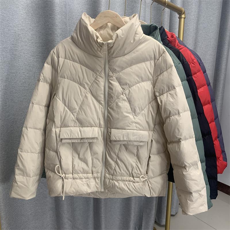 Женская осенне-зимняя куртка на белом утином пуху, стеганая парка с коротким воротником-стойкой и карманом, свободная тонкая однотонная куртка