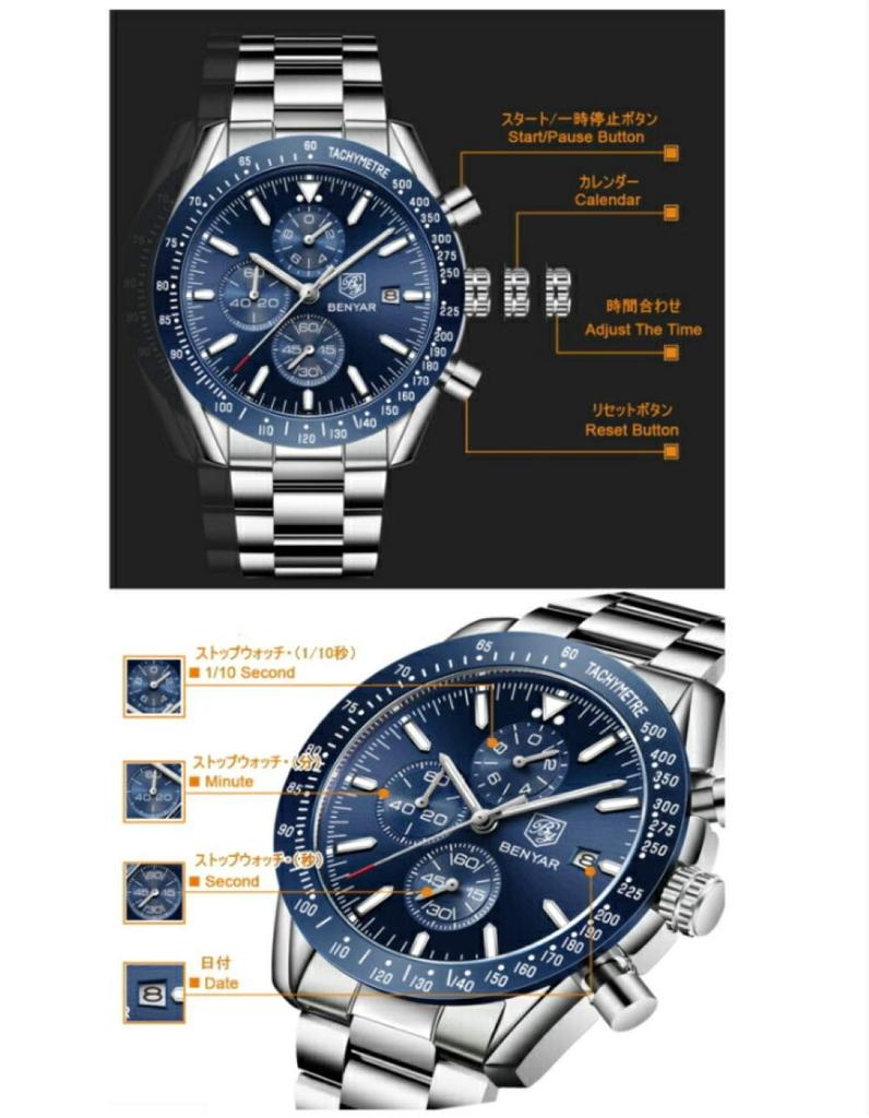 Последние часы BENYAR Chrono Black Blue Quartz Black Stopwatch Calendar Color Analog Type Wrist Watch Cool Stylish Heavy Luxury Cool Trend Popular