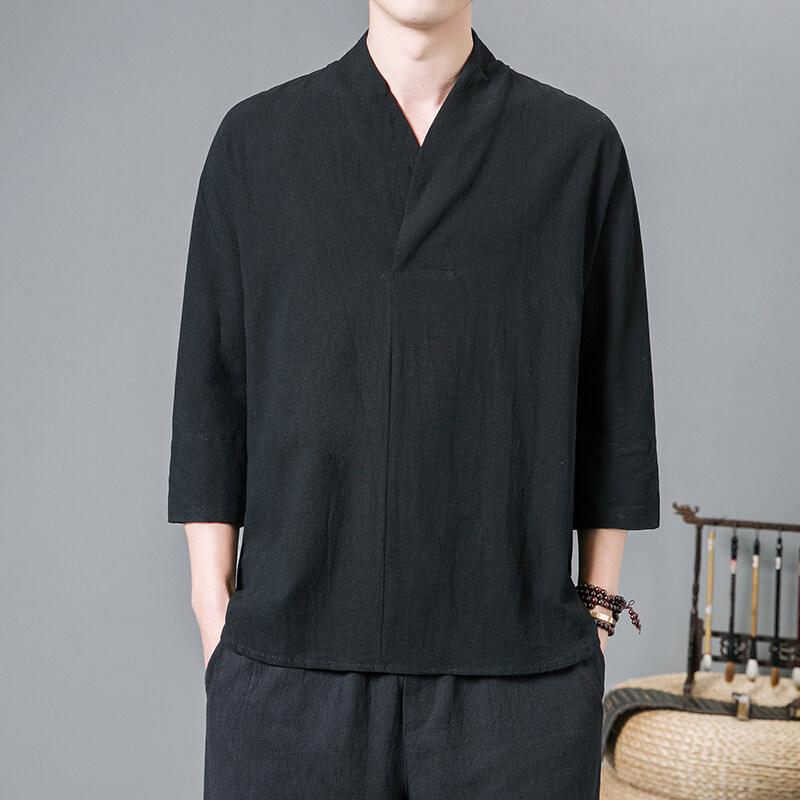 Весна Лето 2025 Новые Футболки в Китайском Стиле Мода Мужские Рукав Три Четверти V-образный Вырез Топы Футболки Мужские Повседневные Однотонные Ханфу