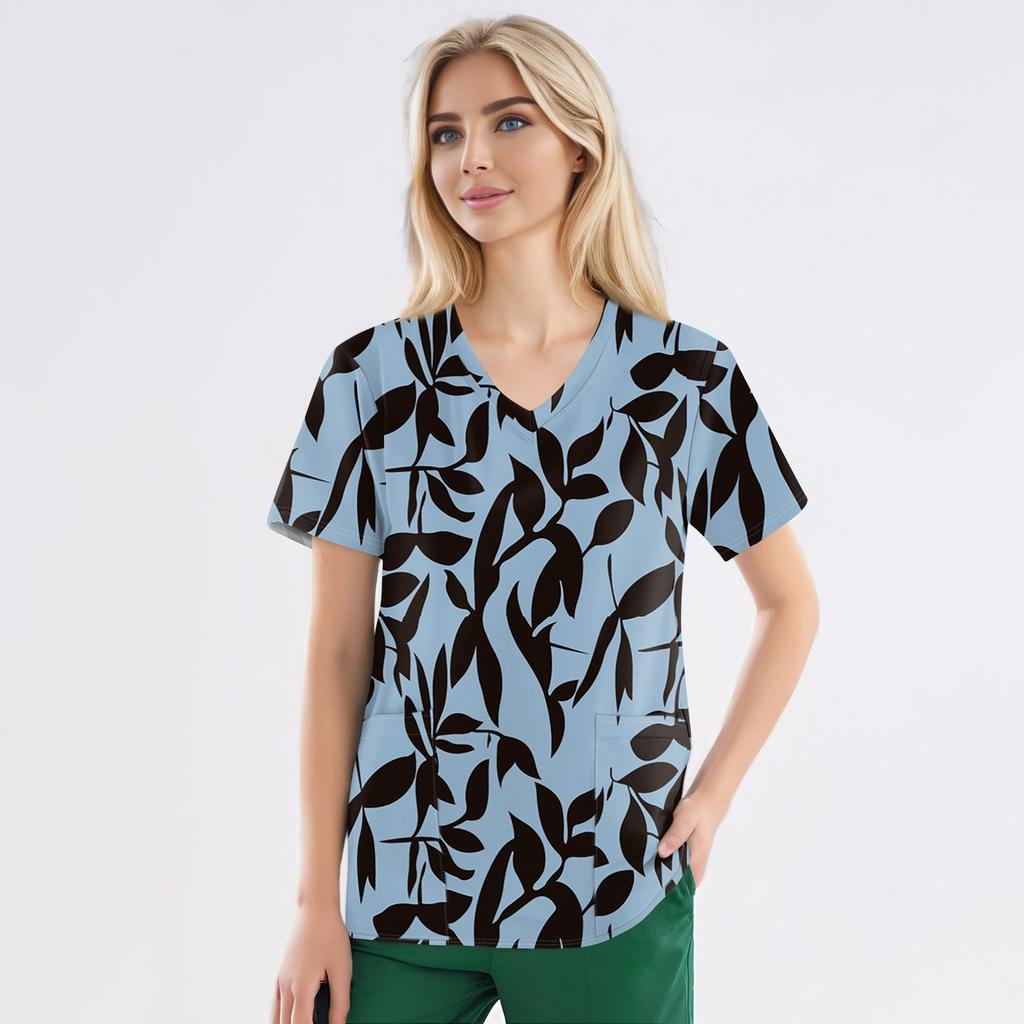 Рабочая форма больших размеров с принтом, топы для женщин, забавные футболки с v-образным вырезом и короткими рукавами, рабочая одежда, футболка с карманами