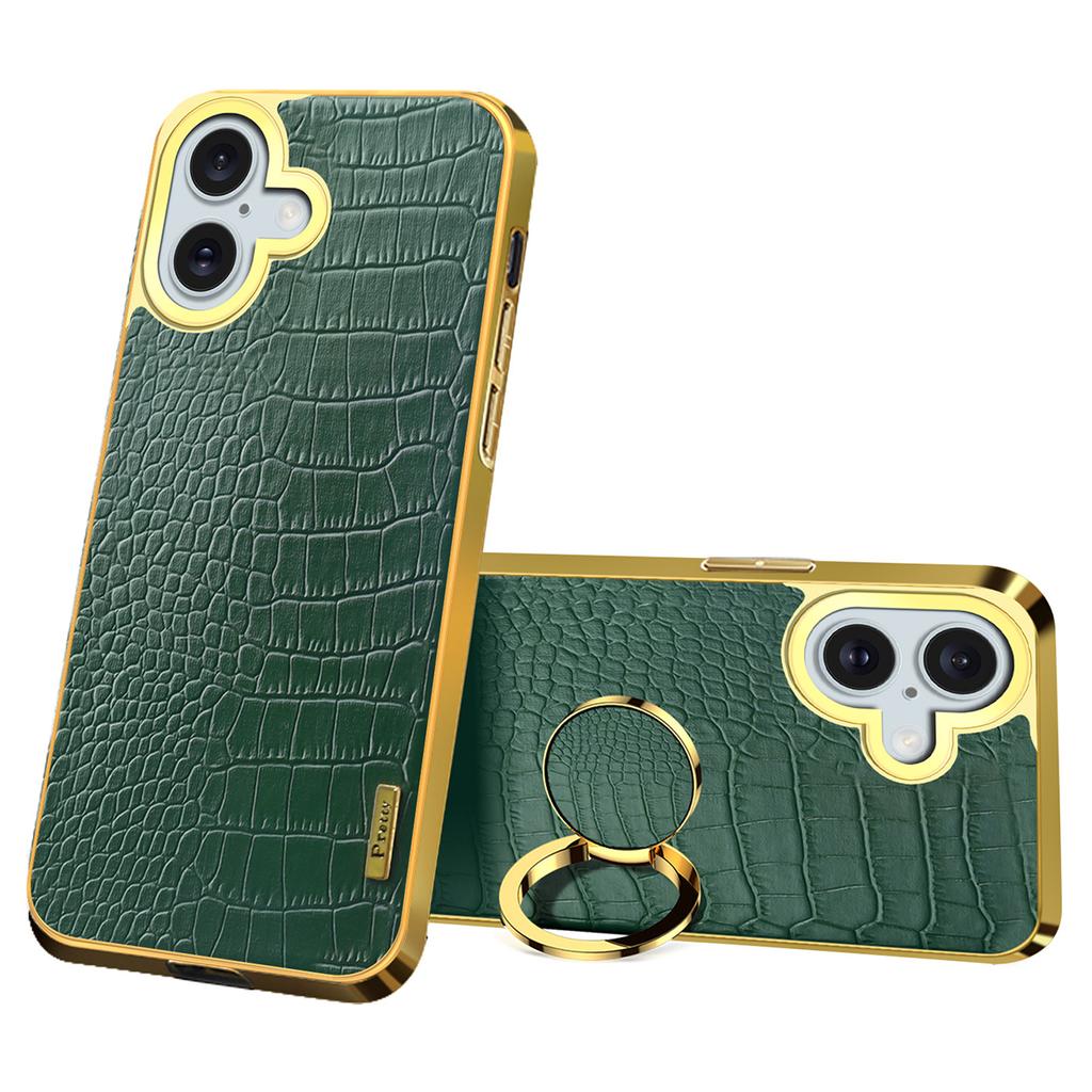 For iPhone 16 Case Crocodile Texture Leather+TPU Electroplating Phone Cover with Ring Kickstand - Black