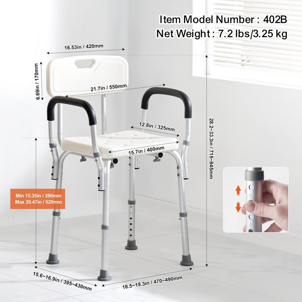 Shower Chair, Shower Seat with Back, Adjustable Height Shower Stool, Shower Chair for Inside Shower Bathtub, Non-slip Bathroom Bench Bath Chair for