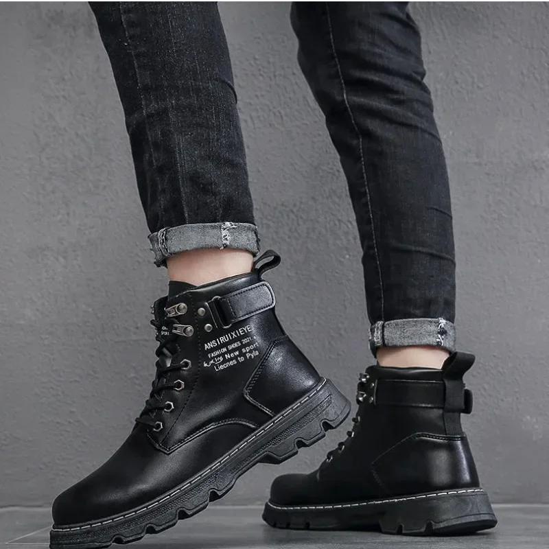 Men's Boots Autumn/winter Men's Boots Korean Version High Top Casual Lace Up Flat Bottomed Round Toe Comfort Leather Shoes2024