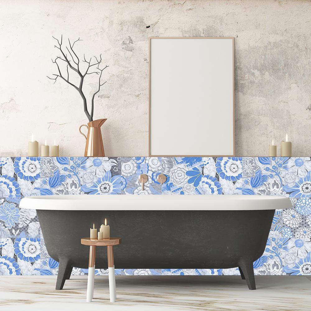10pcs Bohemian Blue Tiles Wall Sticker Kitchen Backsplash Wardrobe Bathroom Renovation Peel & Stick Waterproof Art Wall Decals