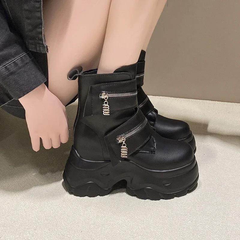 2025 женские кожаные ботильоны осень-зима 9,5 см каблук массивные кроссовки высокая платформа молния короткие мотоциклетные ботинки женские Botas