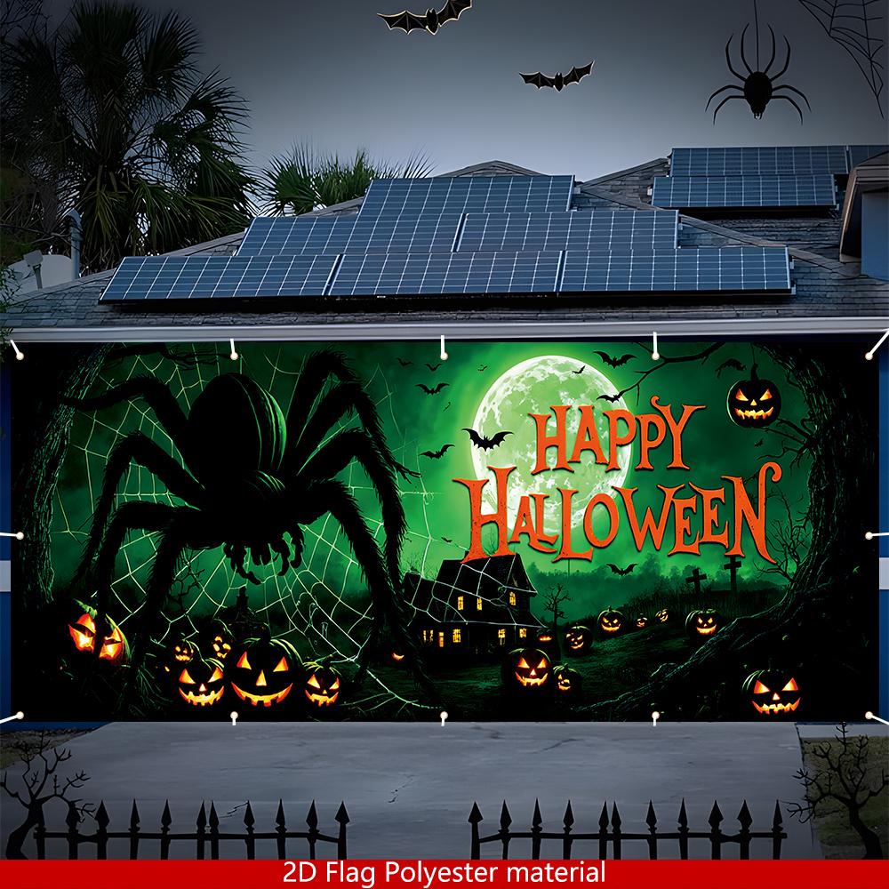 2D flat, 1 piece Happy Halloween garage flag, polyester spider-themed decorative background